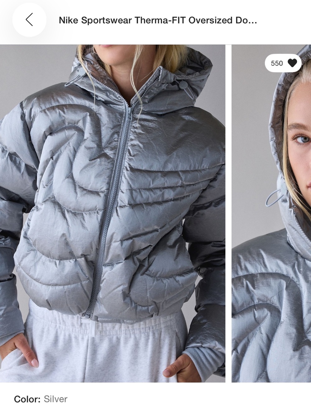 BNWT Nike Sportswear Therma-FIT oversized down puffer jacket -  Silver